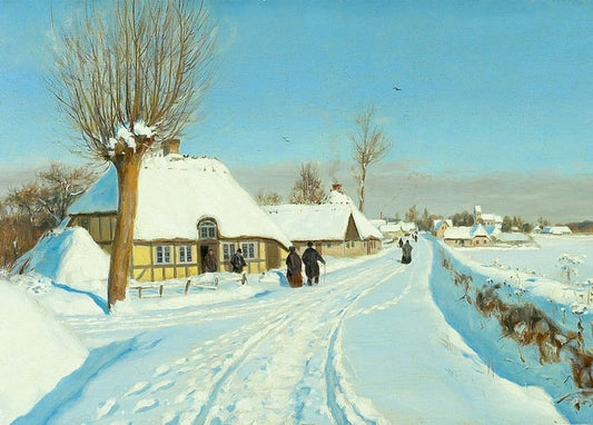Painting of a sunlit snowy road through a Danish village with a yellow farmhouse and bare willows.