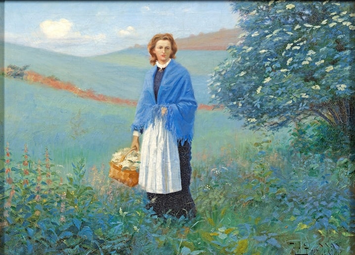 Junge Frau mit blauem Schultertuch und Korb auf einer Sommerwiese – Gemälde von H.A. Brendekilde.