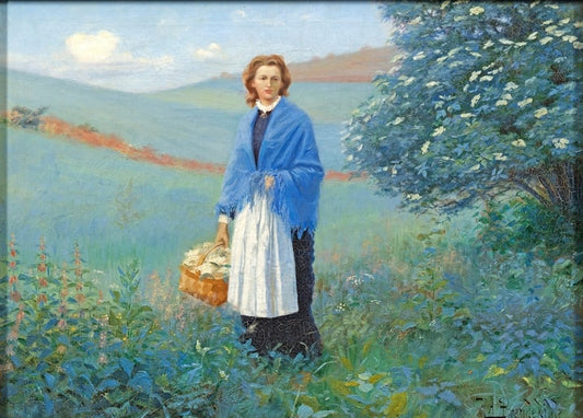 Young woman in a blue shawl holding a basket in a summer meadow with blossoming elder — H.A. Brendekilde painting.
