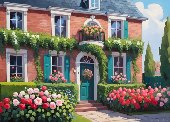 Red brick house with climbing roses and a rose-covered balcony