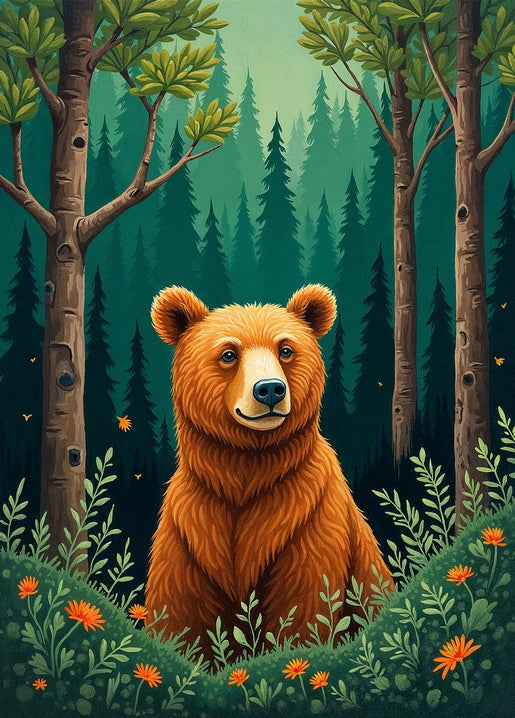 Illustrierter Braunbär zwischen orangefarbenen Wildblumen und Bienen, Kunst von AnniKa