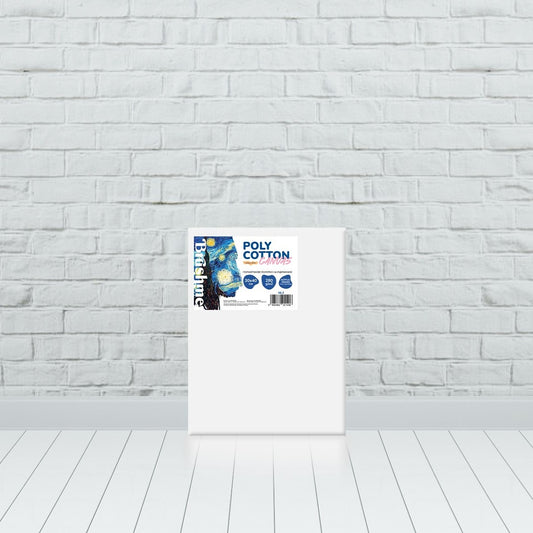 Blank Brushme polycotton painting canvas, 30×40 cm, standing against a white brick wall