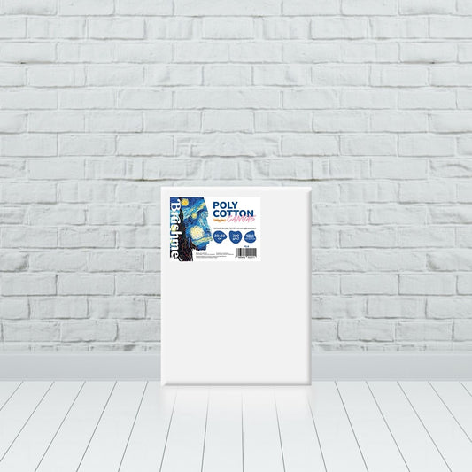 Blank Brushme polycotton painting canvas, 30×50 cm, standing against a white brick wall