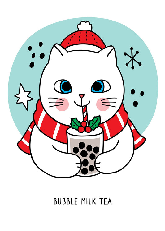 Weiße Katze mit Nikolausmütze hält einen Bubble-Tea mit Aufschrift „Bubble Milk Tea“