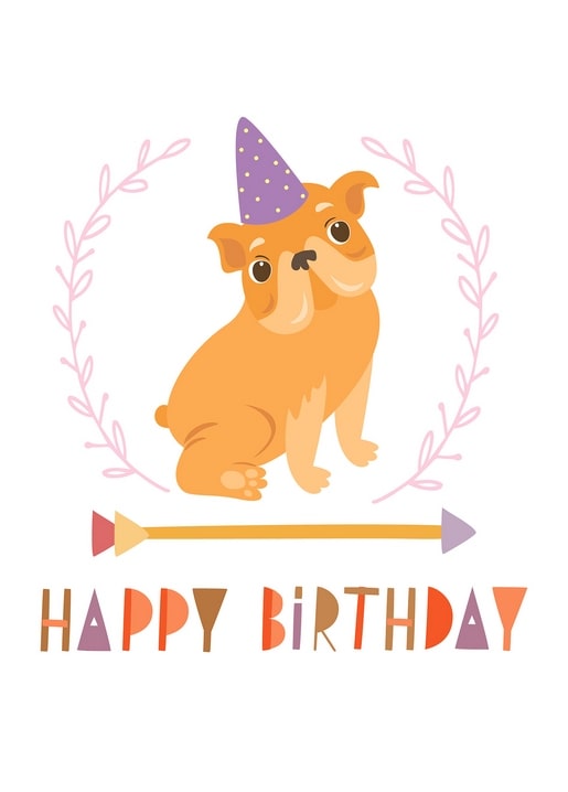 Руде цуценя бульдога у фіолетовому ковпачку всередині рожевого вінка