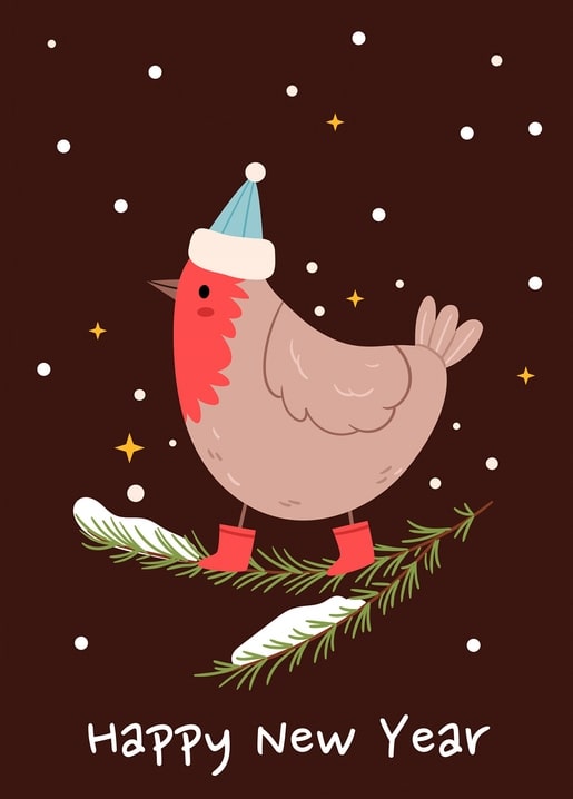 Illustrierter Gimpel mit Weihnachtsmütze und roten Stiefeln auf Tannenzweig