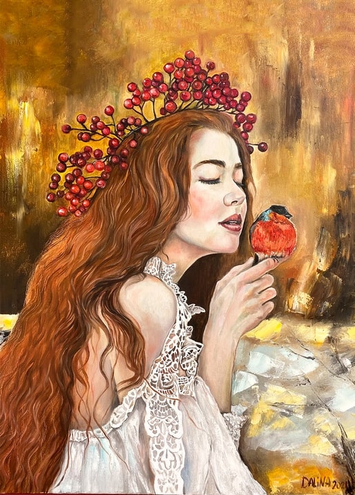 Woman with closed eyes holding a red bullfinch, wearing a wreath of deep red viburnum berries