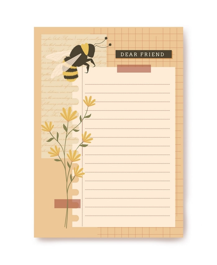 Letter paper illustrated with a bumblebee, yellow wildflowers, and a “Dear Friend” label, ruled lines