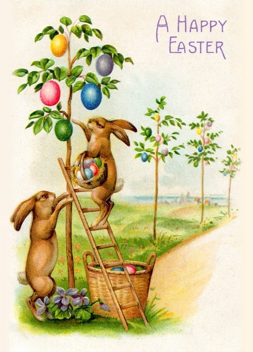 Illustration von zwei Hasen, die bunte Ostereier von einem blühenden Baum in Körbe sammeln.