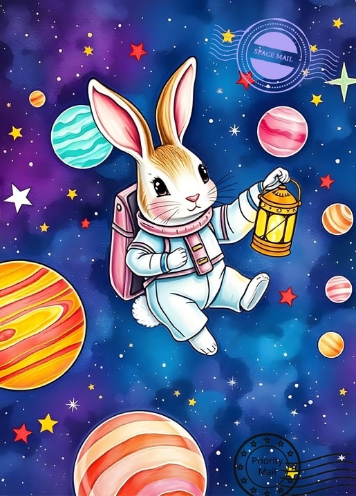 Illustration eines Hasen-Astronauten, der mit einer leuchtenden Laterne zwischen bunten Planeten schwebt.