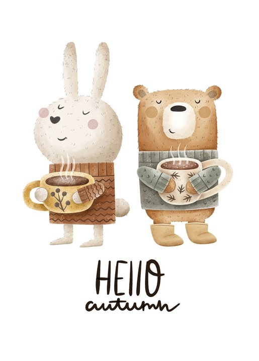 Illustrated bunny and bear in sweaters holding mugs of cocoa, captioned 'Hello autumn'