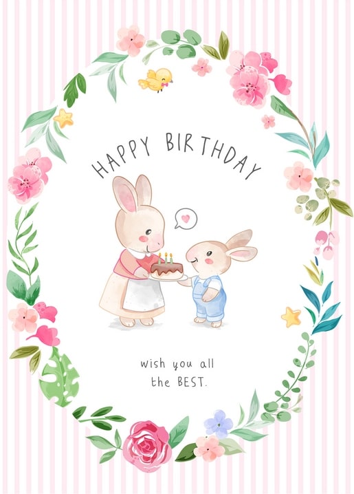 Two watercolor bunnies with a birthday cake inside a pink floral wreath