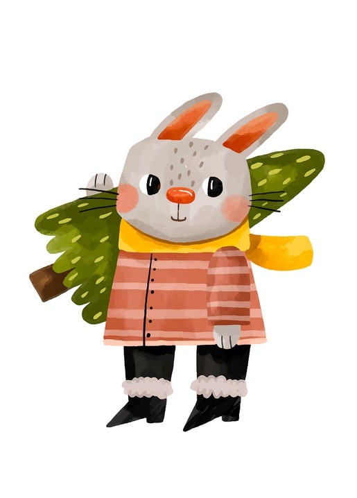 Illustration eines Hasen im gestreiften Pullover, der einen kleinen Weihnachtsbaum über der Schulter trägt