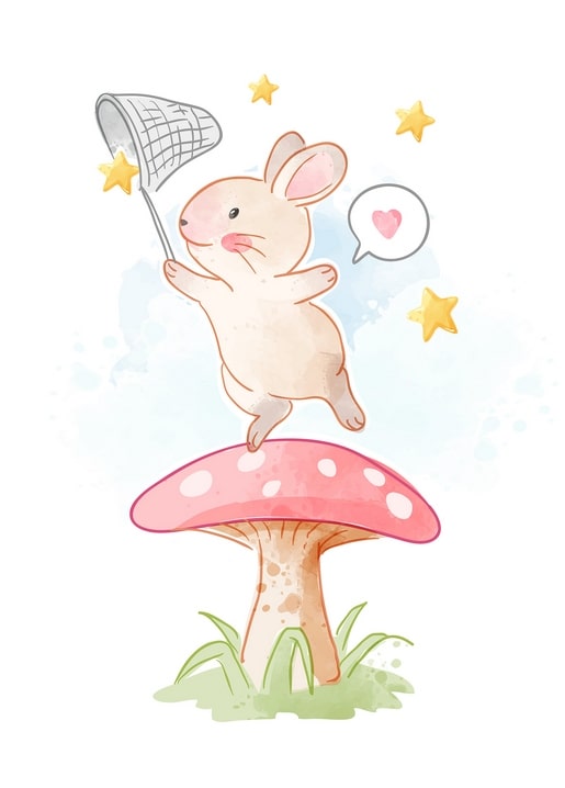 Watercolor bunny leaping off a pink mushroom, catching golden stars with a net
