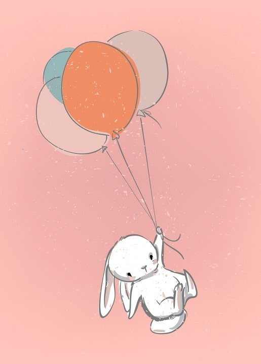 White bunny floating among teal, orange, and pink balloons on a pink background