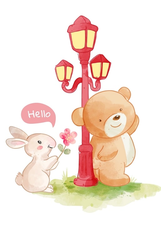 Aquarell-Postkarte: Hase schenkt Teddybär eine Blume an einer Laterne