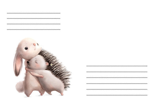Illustration eines pastellfarbenen Hasen, der einen Igel umarmt, auf einem Umschlag