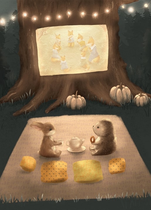 Bunny and hedgehog picnicking under a tree while a fox-family film plays on the trunk