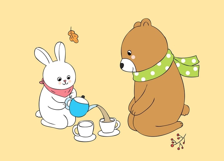 White bunny pouring tea for a brown bear beside autumn leaves and berries