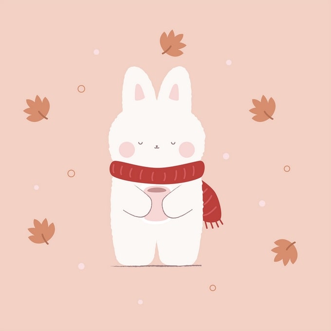 Sleepy white bunny in a red scarf holding a cup, surrounded by falling autumn leaves