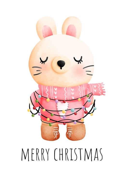 Watercolor bunny in a pink scarf tangled in strings of fairy lights