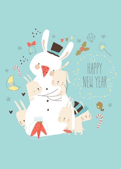 Stack of cartoon rabbits forming a snowman with Happy New Year text and candy canes
