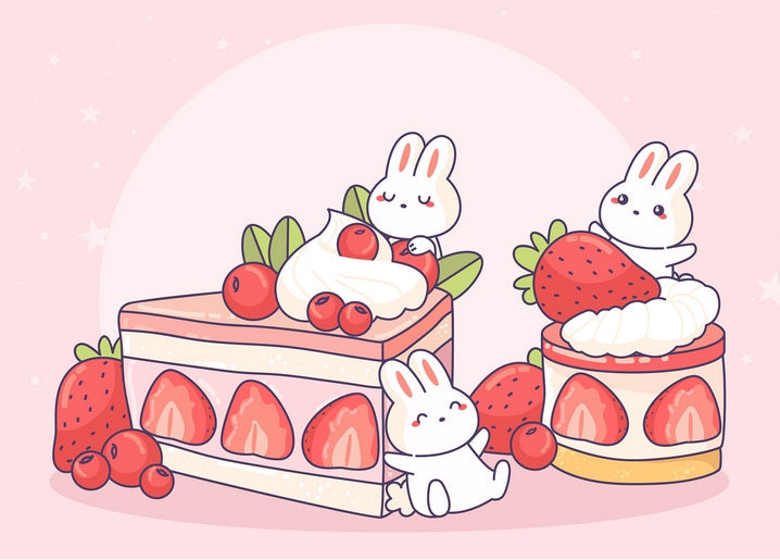 Kawaii bunnies sitting on strawberry shortcake and berry cheesecake