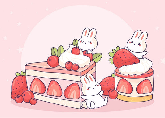 Kawaii bunnies sitting on strawberry shortcake and berry cheesecake