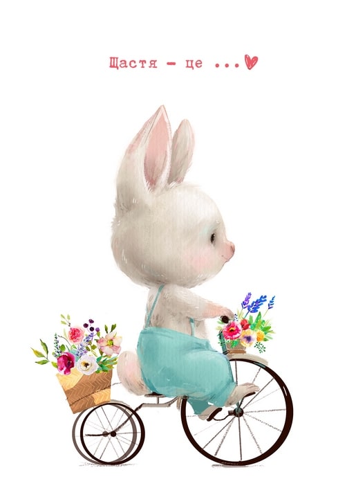 Weißer Hase in türkisfarbener Latzhose auf einem Dreirad mit Blumenkörben