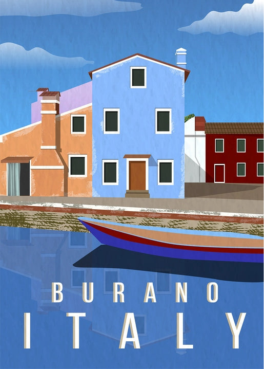 Retro-Reiseplakat von Burano mit bunten Kanalhäusern, die sich im Wasser neben einem Boot spiegeln