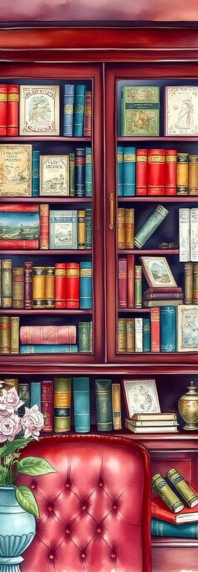Ілюстрація закладки: бордова шафа зі скляними дверцятами, повна книг
