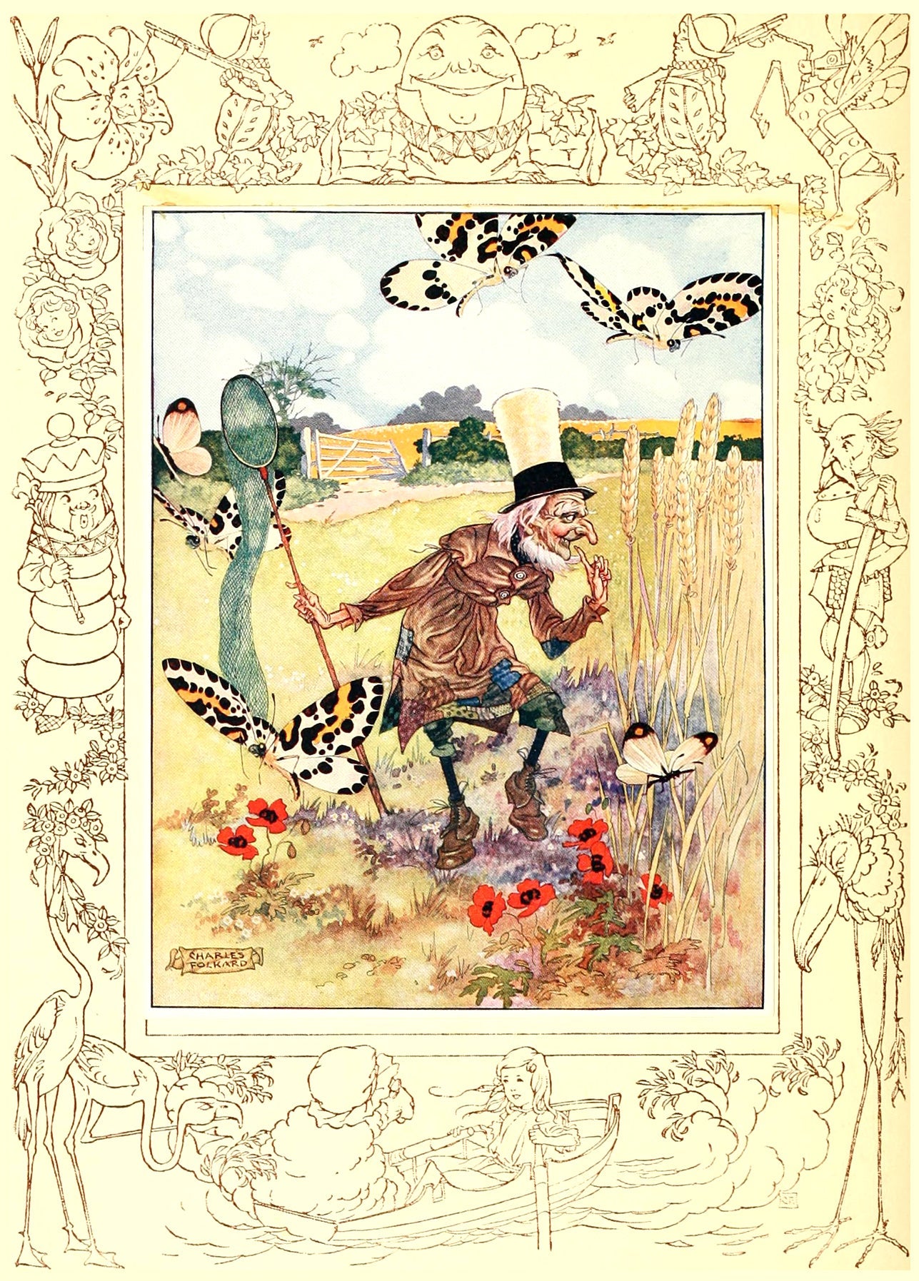 Top-hatted man chasing spotted moths in a poppy field, framed by an ornate Wonderland border, signed Charles Folkard.