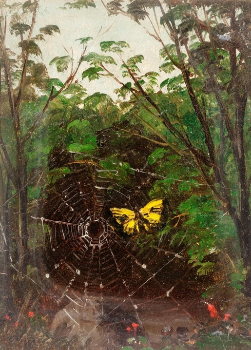 Gelber Schmetterling im Spinnennetz auf einem Waldweg, Gemälde von Lemuel Maynard Wiles