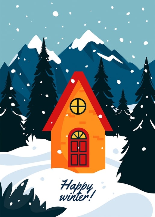 Rotes Häuschen zwischen verschneiten Tannen und Bergen mit Schriftzug „Happy winter!“