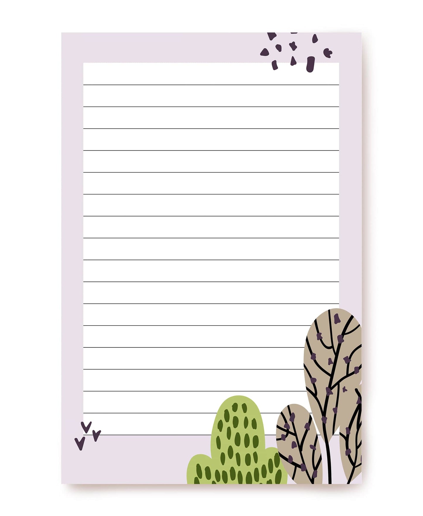 Mauve writing paper with dark confetti, a green cactus and dried berry branches, ruled lines in the center
