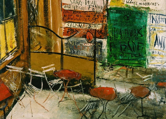 Expressionist painting of a Paris café terrace with red bistro tables and layered posters