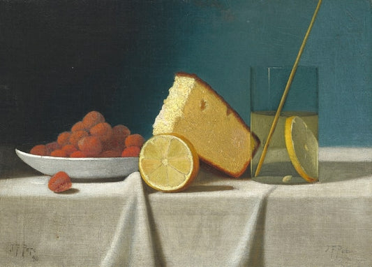 Stillleben von John Frederick Peto mit Kuchen, Zitrone, Erdbeeren und Limonade