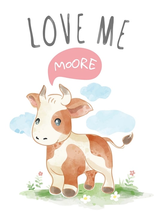 Watercolor calf standing in a flowering meadow under a blue sky with clouds