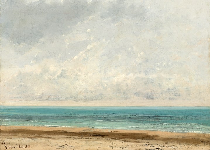 Seelandschaft von Gustave Courbet mit stiller türkisfarbener See unter bewölktem Himmel, signiert