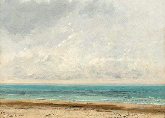 Seelandschaft von Gustave Courbet mit stiller türkisfarbener See unter bewölktem Himmel, signiert