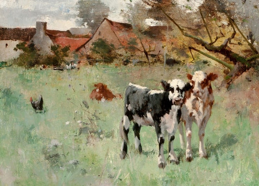 Gemälde: zwei Kälber auf grüner Weide vor rotgedecktem Bauernhaus, mit einem Hahn in der Nähe.