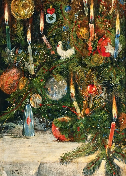Close-up of a candlelit Christmas tree with glass baubles and a white bird ornament