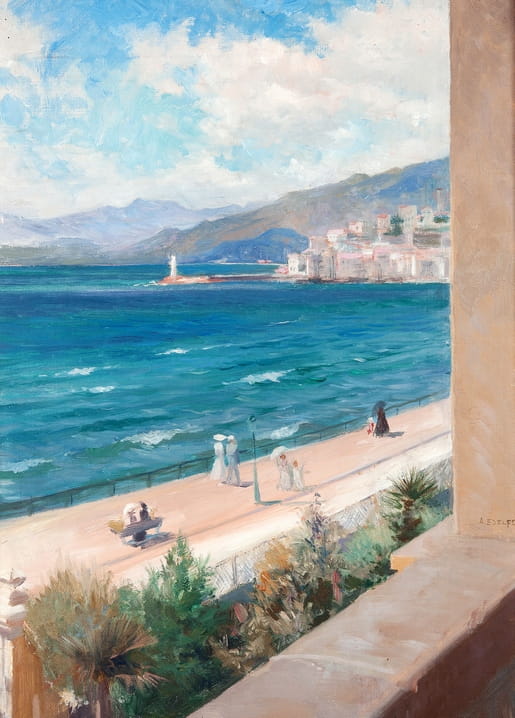 Balcony view of Cannes coastline with turquoise sea and strolling women, painting by Albert Edelfelt