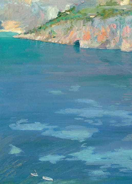 Sir John Lavery's coastal view of Cap Ferrat — turquoise bay, rocky cliffs, and two small white boats