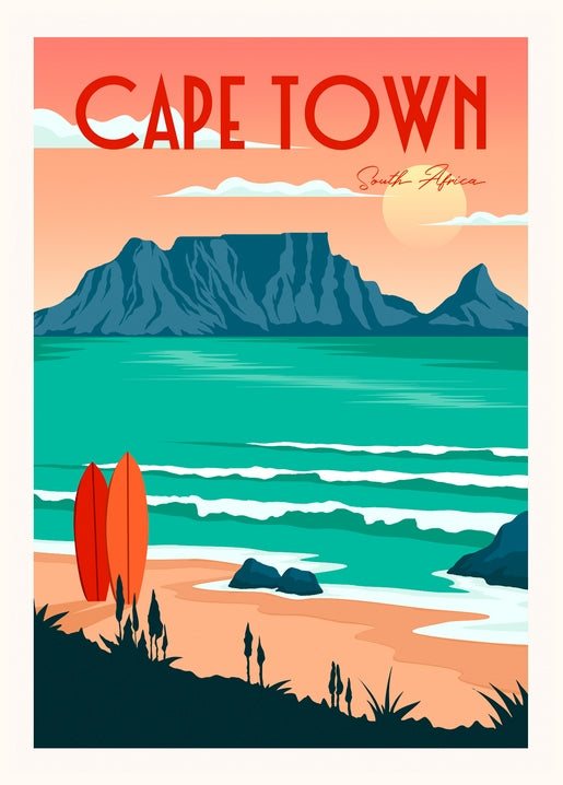 Retro travel poster of Table Mountain, ocean, and surfboards on the beach, Cape Town