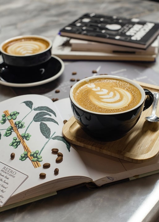 Two cups of latte art beside an open book with a botanical coffee-plant illustration