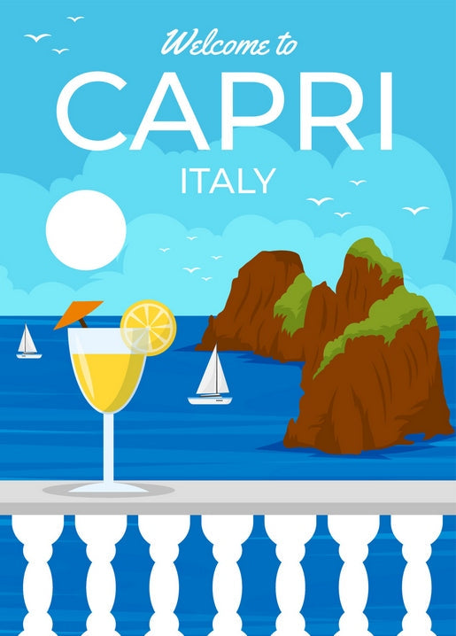 Retro-Reiseposter-Postkarte von Capri, Italien mit Zitronencocktail, Segelbooten und Klippen