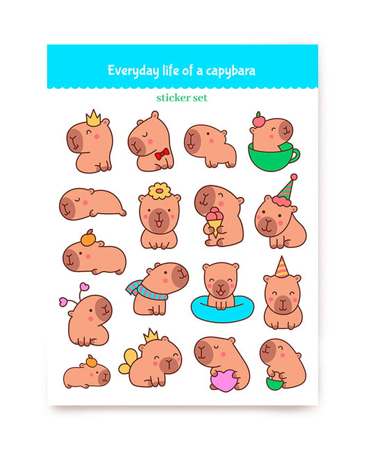 Stickerbogen mit 18 Kawaii-Capybaras mit Krone, Schal und Schwimmring
