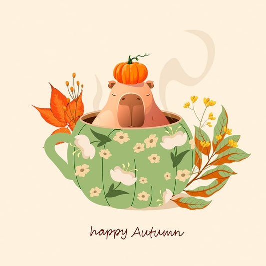Capybara relaxing inside a floral green mug with a pumpkin on its head and rising steam