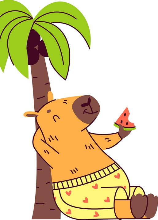 Flache Illustration eines Capybaras in herzbedruckten Shorts, das unter einer Palme Wassermelone isst